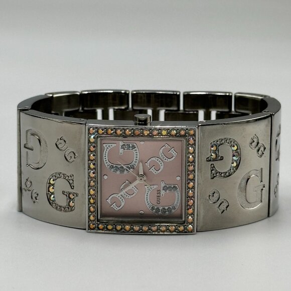 GUESS Accessories - 3/$30 Guess Watch Women Silver Tone Pink Dial Wide Bangle Band New Battery 6.5"